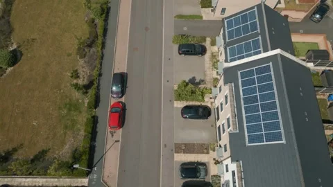 Shot looking directly down on a new housing development solar panels Stock Footage 297171284
