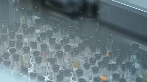 Shot of many test tubes being stored together. Lab concept. Close-up. Medicine Stock Footage 232488089