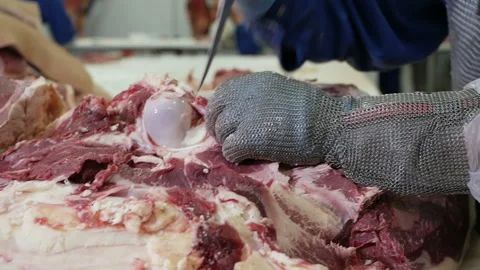 Shot of meatman with a sharp knife in hand separating meat from bones. Stock Footage 144260813