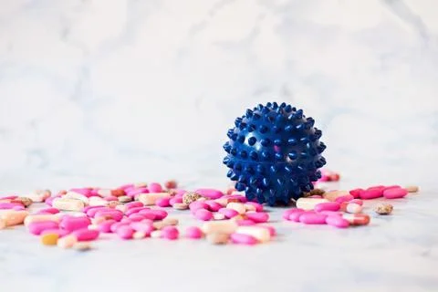 Shot of microscope virus close up and pills. Coronavirus concept Stock Photos
