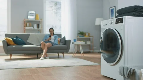 Shot of a Modern Technologically Advanced Washing Machine Working Stock Footage 100221346