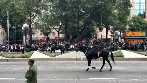 Shot of the mounted elite guards advancing during the military parade in Stock Footage 218671726