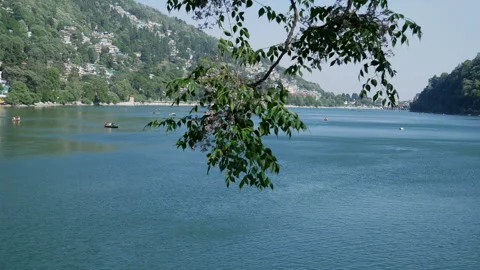 Shot Of Naini Lake Framed Through Neem Tree Branches Near Kainchi Dham Stock Footage 346362597