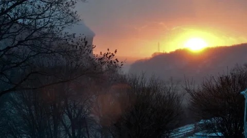 Shot of Nuclear Power Plant Cooling Tower During Icy Winter at Sunset Stock Footage 59017874