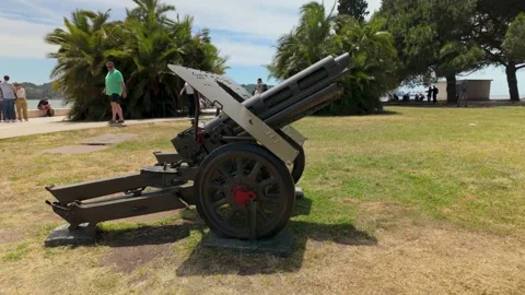 Shot of an old historic cannon displayed in a public park in Portugal. Stock Footage 327685417