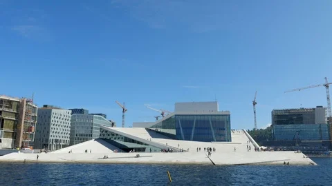 Shot of the Opera in a clear day in Oslo, Norway, wide Stock Footage 95115582
