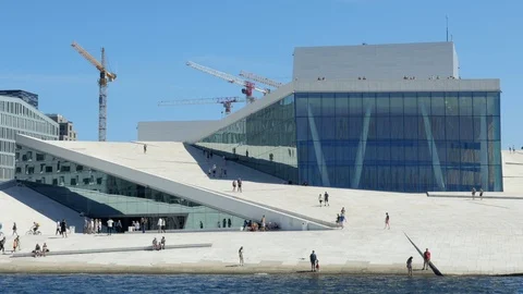 Shot of the Opera in a clear day in Oslo, Norway, front Stock Footage 95115625