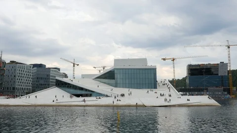 Shot of the Opera in a cloudy day in Oslo, Norway, wide Stock Footage 95120659