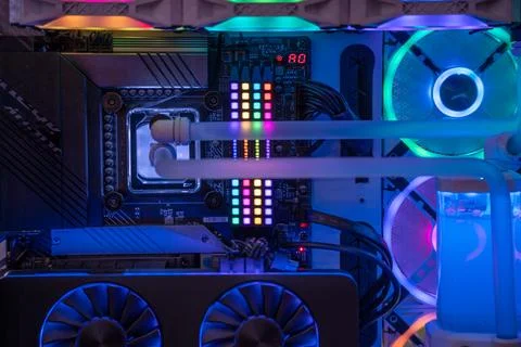Shot of overclocked CPU computer cabinet with water liquid cooled processor.. Stock Photos
