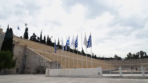 Shot pans left to right outside the historic, great Panathenaic Stadium in Stock Footage 124892756