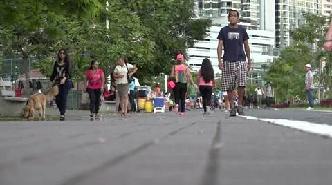 Shot of pedestrian from the ground level, La Cinta Costera, Panama City, Panama Stock Footage 47898955
