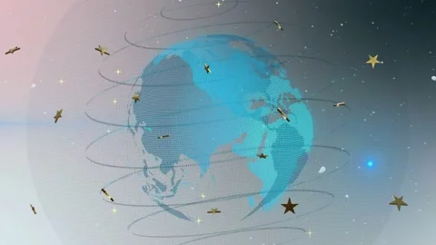 Shot pulling back from cyan dotted globe rotating, rings orbiting, stars shining Stock Footage 334810984