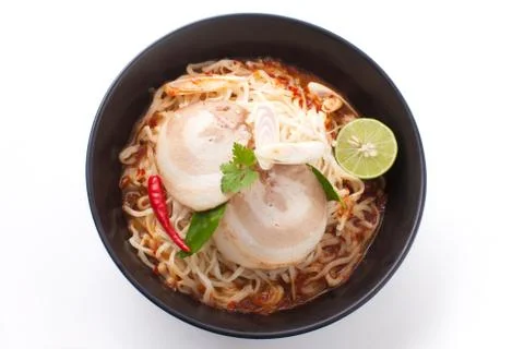 Shot ramen isolated in studio on white background,  Fusion food with Thai sty Stock Photos