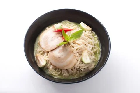Shot ramen isolated in studio on white background,  Fusion food with Thai sty Stock Photos