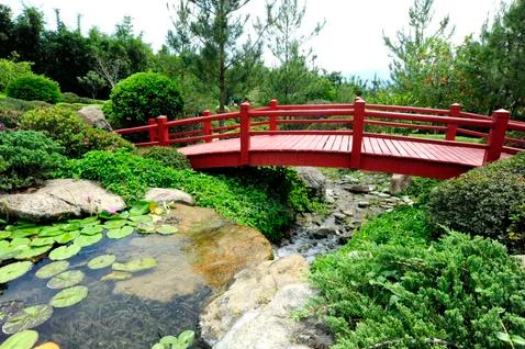 Shot of a red bridge on a tiny river Stock Photos