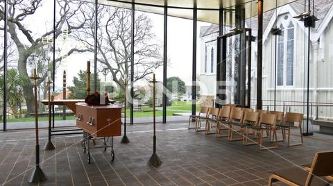 Shot of religious christian or catholic chapel and altar for worshippers Stock Photos