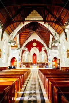 Shot of religious christian or catholic chapel and altar for worshippers Stock Photos