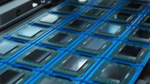 Shot of Rows of Computer Processors on Production Line at Electronics Factory. Stock Footage 241484788