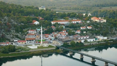 Shot from Rozafa Castle in Shkodër, Albania, over the river of Bojana, close Video stock 84682592