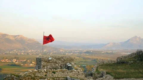 Shot from Rozafa Castle in Shkodër, Albania, flag Video stock 84682630