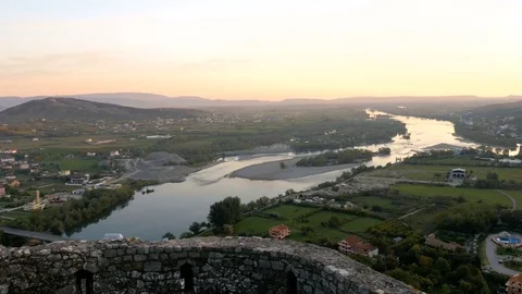 Shot from Rozafa Castle in Shkodër, Albania, over the river of Drin Stock Footage 84682871