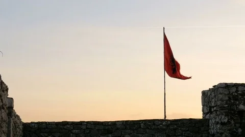 Shot from Rozafa Castle in Shkodër, Albania, dark flag Video stock 84682972