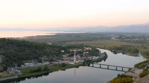 Shot from Rozafa Castle in Shkodër, Albania, over the river of Bojana, wide Stock Footage 84682990
