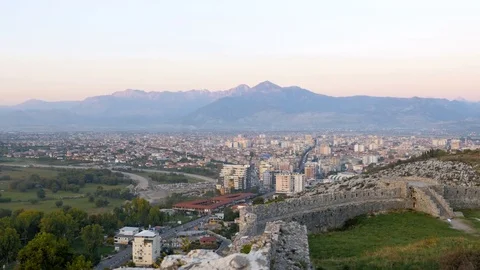 Shot from Rozafa Castle in Shkodër, Albania, city view side Video stock 84683022