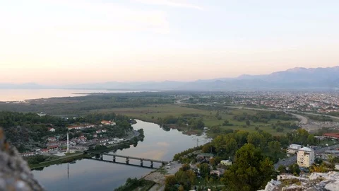 Shot from Rozafa Castle in Shkodër, Albania, over the river of Bojana, wide 2 Stock Footage 84683091