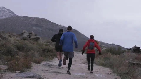 Shot of runners running down trail, rabbit runs in front of them Stock Footage 65828958