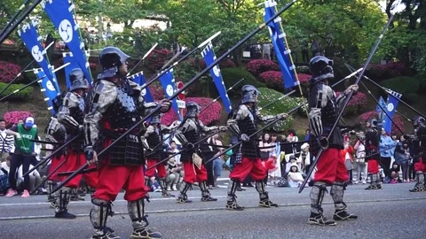 Shot of samurais holding spears in samurai parade in Kanazawa, Japan Video stock 88728518
