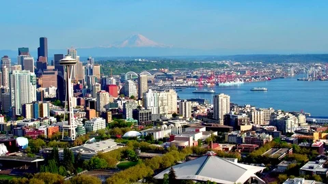Shot of Seattle Skyline by Aerial Drone Stock Footage