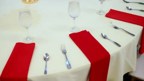Shot of served table with decoration at the party in restaurant. Wedding Видео 311906993