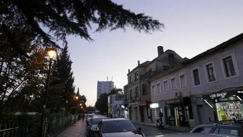 Shot in Shkodër in Albania, lamppost behind some leaves at night wide Video stock 137134573