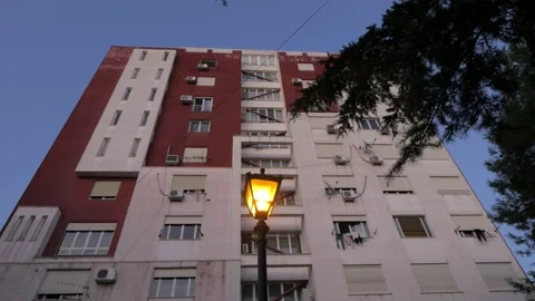 Shot in Shkodër in Albania, lamppost with a building at night Stock Footage 137133759