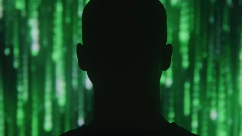 Shot of Silhouette Hacker with Glasses Watching Computer Codes on Screen Stock Footage 208797691