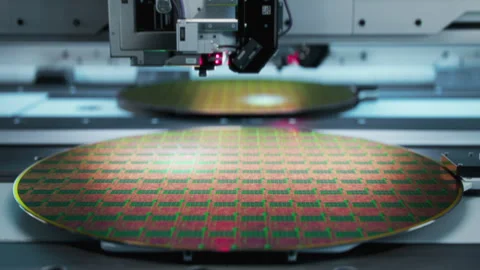 Shot of Silicon Wafer being processed at Semiconductor Foundry Stock Footage 241484279