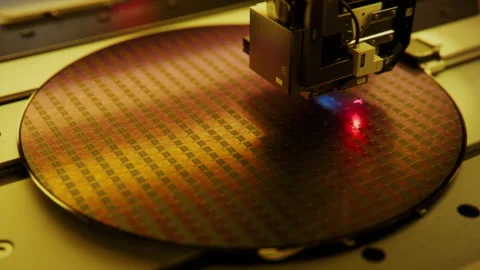 Shot of Silicon Wafer being processed in yellow light at Semiconductor Foundry Stock Footage 241492388