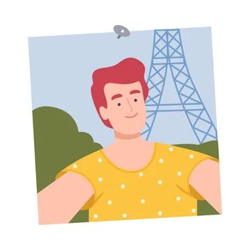 Shot of Smiling Young Man Taking Selfie on Background of Eiffel Tower Cartoon Stock-Illustration