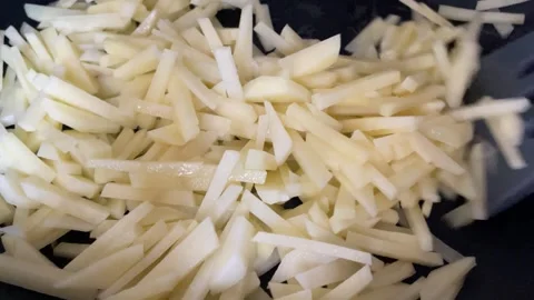 Shot of Stirring Raw Sliced Potatoes in Pan with Spatula During Home Cooking Stock Footage 340214840