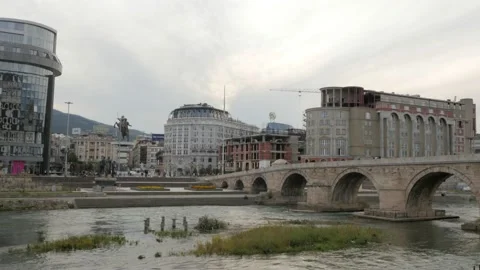 Shot of the stone bridge and the square in Skopje, North Macedonia Video stock 137263231