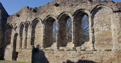 Shot of stone mullion windows at Basingwerk Abbey Stock Footage 344812911