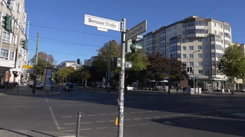 A shot of Street Intersection at Bernauer Strasse in Berlin Stock Footage 332104258
