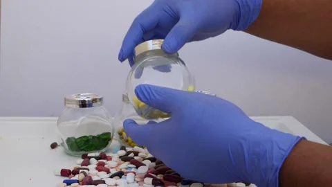 Shot of taking out yellow tablets from a glass bottle Video stock 147699828