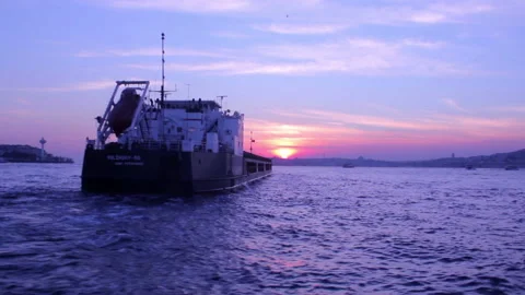 Shot of a Tankship at Bosphorus Evening time with sunset Stock Footage 234845059