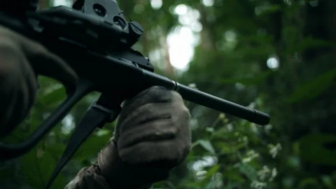 Shot at the target. Close-up. Fireball. Shooting with an automatic rifle. 스톡 동영상 107792345