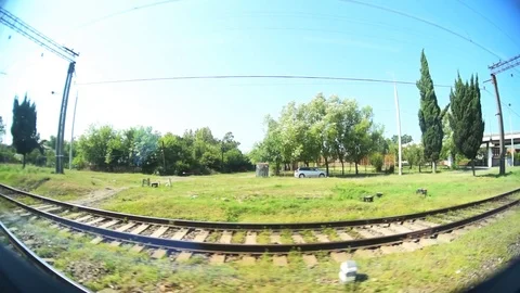 A shot from the train window. View of the summer nature, railway Stock-Footage 94577785