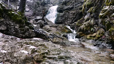 Shot of waterfall in forest with rocks and trees Stock Footage 150132658
