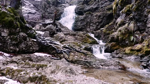 Shot of waterfall in forest with rocks and trees Stock Footage 150140487