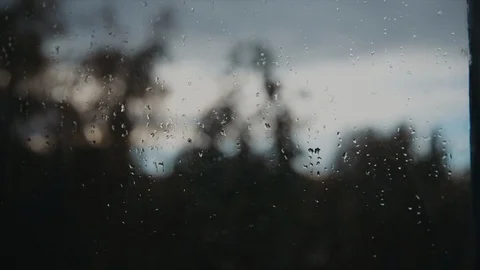 Shot of a window covered with the raining drops with trees behind it Stock-Footage 104130246